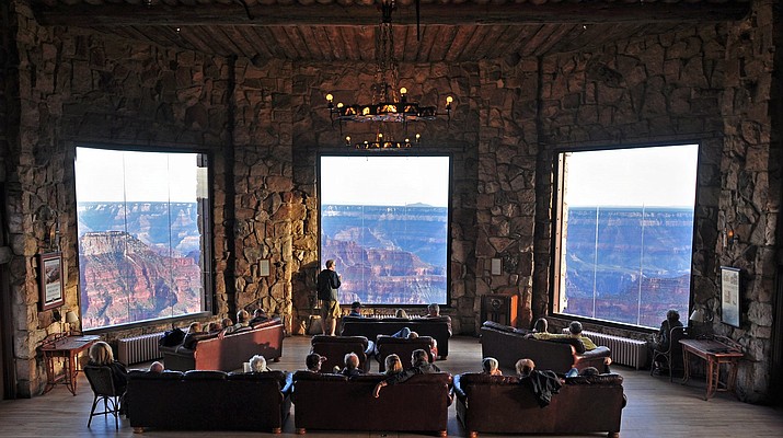 Visitors viewing the canyon from the North Rim Lodge (NPS Photo/M. Quinn)