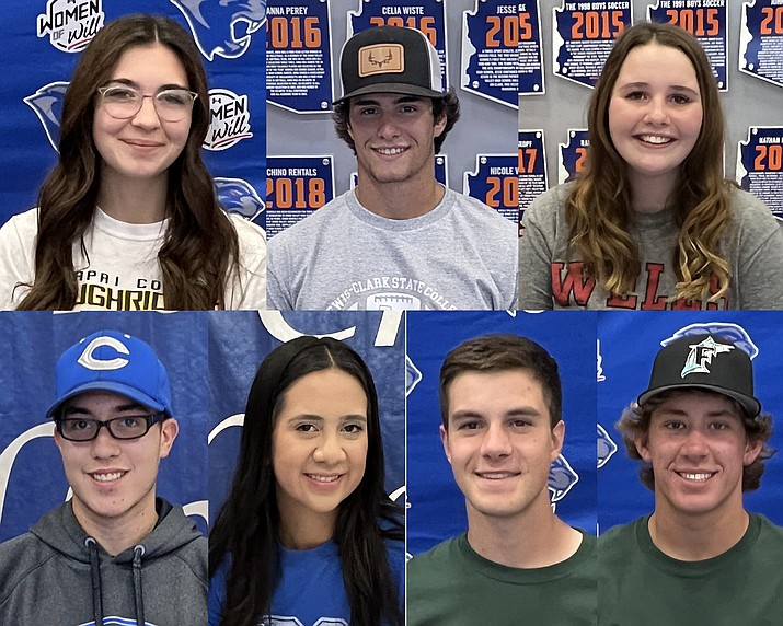 Chino Valley High School held a signing day event inside the main gym on Thursday, May 4, 2022, in which seven senior athletes each signed their letters of intent to continue playing their sport at the next level in college. Top row, left to right: Brynn Preston, Dakota McMains, Elayna McDermott. Bottom row, left to right: J.P. McNerney, Leslie Estrada, Ravi Holladay, Riley Roskopf. (Marty Campitelli/Courtesy)