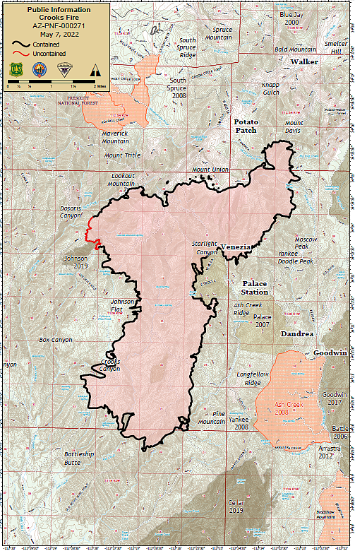 An updated containment map of the Crooks Fire as of Saturday, May 7, 2022. (Prescott National Forest/Courtesy)