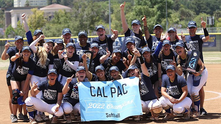 The Embry-Riddle softball team celebrates winning the Cal Pac Championship by defeating Marymount California 4-1 on Friday, May 6, 2022, in Riverside, California. The Eagles will move on to the NAIA National Tournament. (ERAU Athletics/Courtesy)