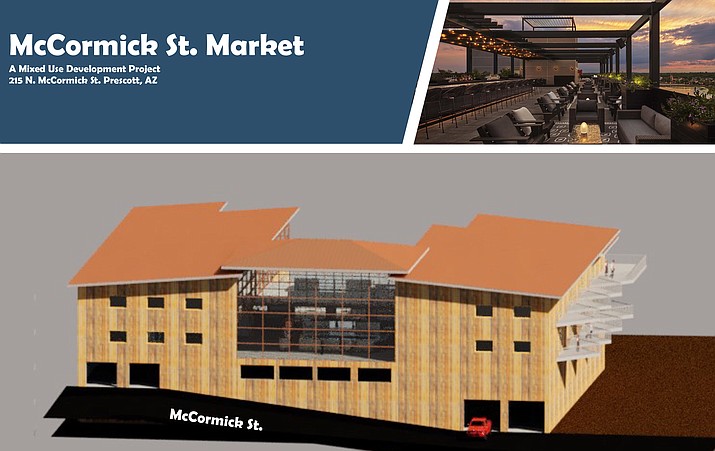 A rendering of the mixed-use project with a “live, work and play” theme  that is being planned on a McCormick Street parcel that is currently owned by the City of Prescott. On Tuesday, May 10, 2022, the Prescott City Council will consider selling the property at 215 and 223 N. McCormick St. to Founding Fathers Properties LLC. (City of Prescott/Courtesy)