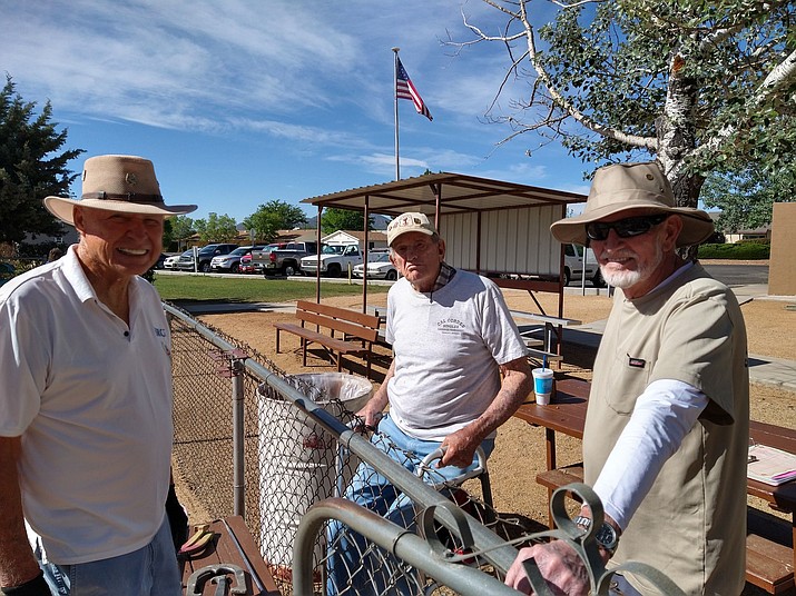 From left, horseshoe players Bruce Reid, Cal Cordes and Jay Mast of the Mile Hi Horseshoe Club, which played the annual Cal Cordes Singles Horseshoe Tournament May 7, 2022, at American Legion Park in Prescott Valley. (Mile Hi Horseshoe Club/Courtesy)