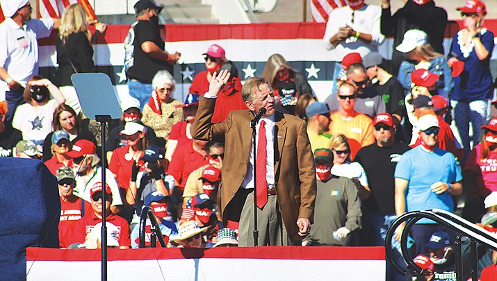 The Arizona Supreme Court rejected Monday an effort to disqualify three Republican lawmakers, including U.S. Rep. Paul Gosar (R-Bullhead City), from the 2022 election ballot because of their alleged roles in planning or attending the rally that led to the unprecedented attack on Congress on Jan. 6, 2021. Gosar is shown speaking at a Trump rally in Bullhead City in 2020. (Miner file photo)