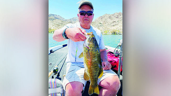 Jay Chan of Kingman displays a large smallmouth bass he caught recently in Lake Mohave, the site of the next Kingman Bass Club tournament. (Courtesy photo)