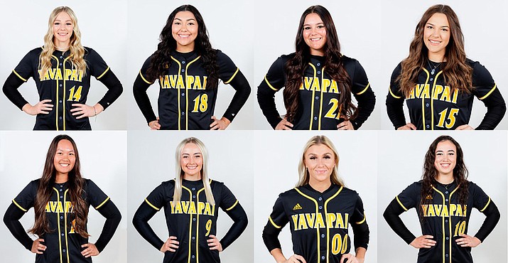 Eight Yavapai College softball players were selected to the 2022 All-ACCAC team. Top row, left to right: Emily Darwin, Emily Dix, Jasmine Moreno and Kayla Rodgers. Bottom Row, left to right: Lovey Kepa’a, Makena Riggs, Mia Weckel and Yaya Kaaialii. (Yavapai Athletics/Courtesy)