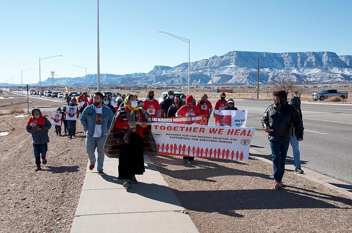 Navajo Nation Council Delegates Amber Kanazbah Crotty and Nathaniel Brown walk to support missing relatives and surviving families in Kayenta, Arizona May 5.  (Photo/NN Council)