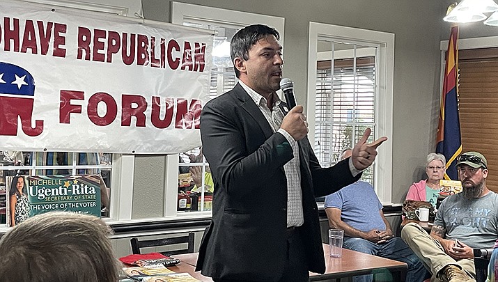 Rep. Leo Biasiucci updates the Mohave Republican Forum at the Golden Corral in Kingman about the state budget and answers questions. Water, ballot measures and abortion drew questions. (Photo by MacKenzie Dexter/Kingman Miner)