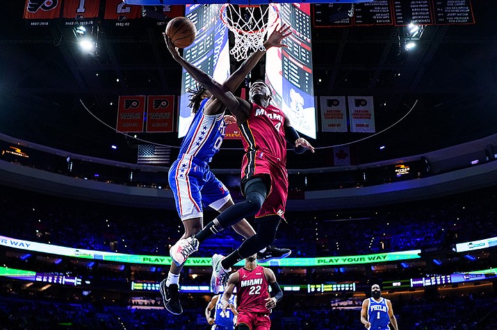Miami Heat's Victor Oladipo (4) goes up for a shot against Philadelphia 76ers' Tyrese Maxey during the second half of Game 6 of an NBA basketball second-round playoff series, Thursday, May 12, 2022, in Philadelphia. (Matt Slocum/AP)