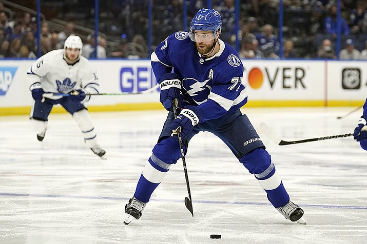Tampa Bay Lightning defenseman Victor Hedman (77) carries the puck into the offensive zone against the Toronto Maple Leafs during the second period in Game 6 of an NHL hockey first-round playoff series Thursday, May 12, 2022, in Tampa, Fla. (Chris O'Meara/AP)