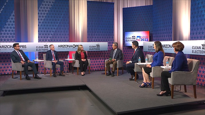 Republican candidates for the Arizona attorney general 
position spar about multiple topics, including border 
protection, education and the 2020 election during a debate show, which was hosted by the Phoenix PBS affiliate and aired on KAET-TV on Wednesday, May 11, 2022. (Arizona PBS/Screenshot)