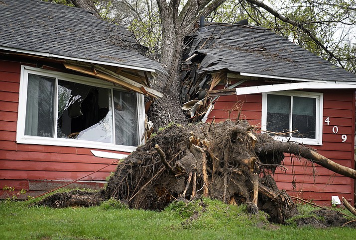 A tree toppled by high winds from an overnight thunderstorm smashed into a house, splitting it in two Thursday, May 12, 2022 in Coon Rapids, Minn. Severe weather brought a mix of hail, tornadoes and heavy rain to Minnesota, causing widespread power outages, flooding and dangerous traveling conditions. It was the first of two nights of stormy weather expected in the Twin Cities and much of Minnesota. (David Joles/Star Tribune via AP)