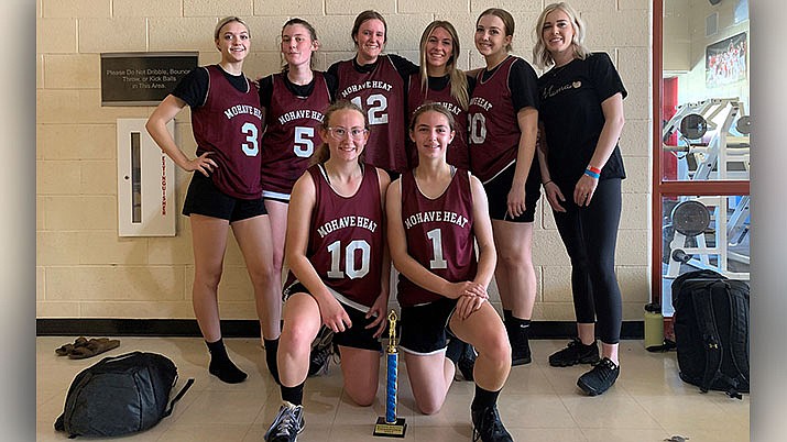 The high school basketball team from Kingman won the Spring Mayhem Basketball Tournament at River Valley High School on May 7-8. The 18U team consisted of, back row from left, Toria Gravell, Becca Arave, Brook Hunter, Chelsea Torrey, Avery Pettway and Coach Rachel Skubal. Front row from left are Madison King and Addison Prisciandaro. (Courtesy photo)