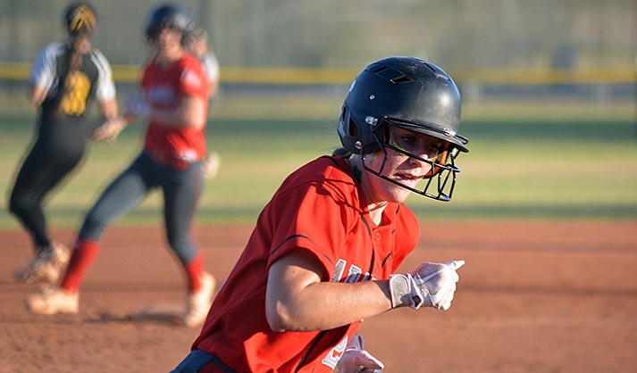 Senior Mackenzie Figy rounds third in the semifinal of the 4A state softball championships May 12, 2022. (The Verde Independent/Raquel Hendrickson)