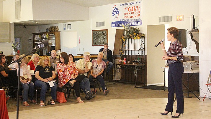 Republican candidate for Arizona governor Kari Lake is calling for higher teacher salaries and an expansion of school choice options for parents. She is shown speaking to the Conservative Republican Club of Kingman on Monday, Nov. 8, 2021. (Miner file photo)
