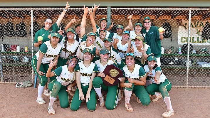 The Yavapai softball team celebrates winning the NJCAA Division I Region I Tournament after defeating Central Arizona in a two-championship on Saturday, May 14, 2022, at Bill Vallely Field in Prescott. (Yavapai Athletics/Courtesy)