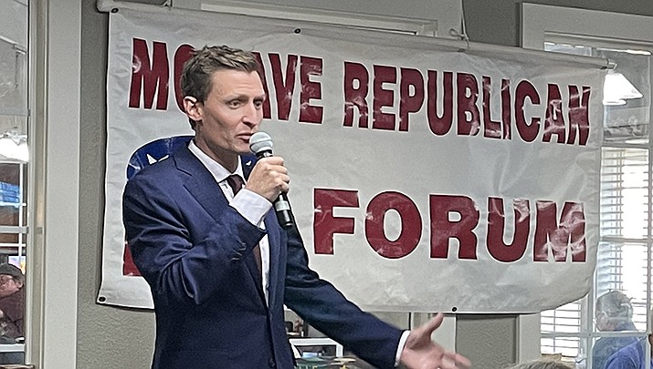 Blake Masters, a GOP candidate for U.S. Senate from Arizona, is one of at least a half-dozen mainstream Senate candidates in the U.S. that have espoused and promoted the “replacement” theory. Masters is shown speaking recently to the Mohave Republican Forum. (Miner file photo)