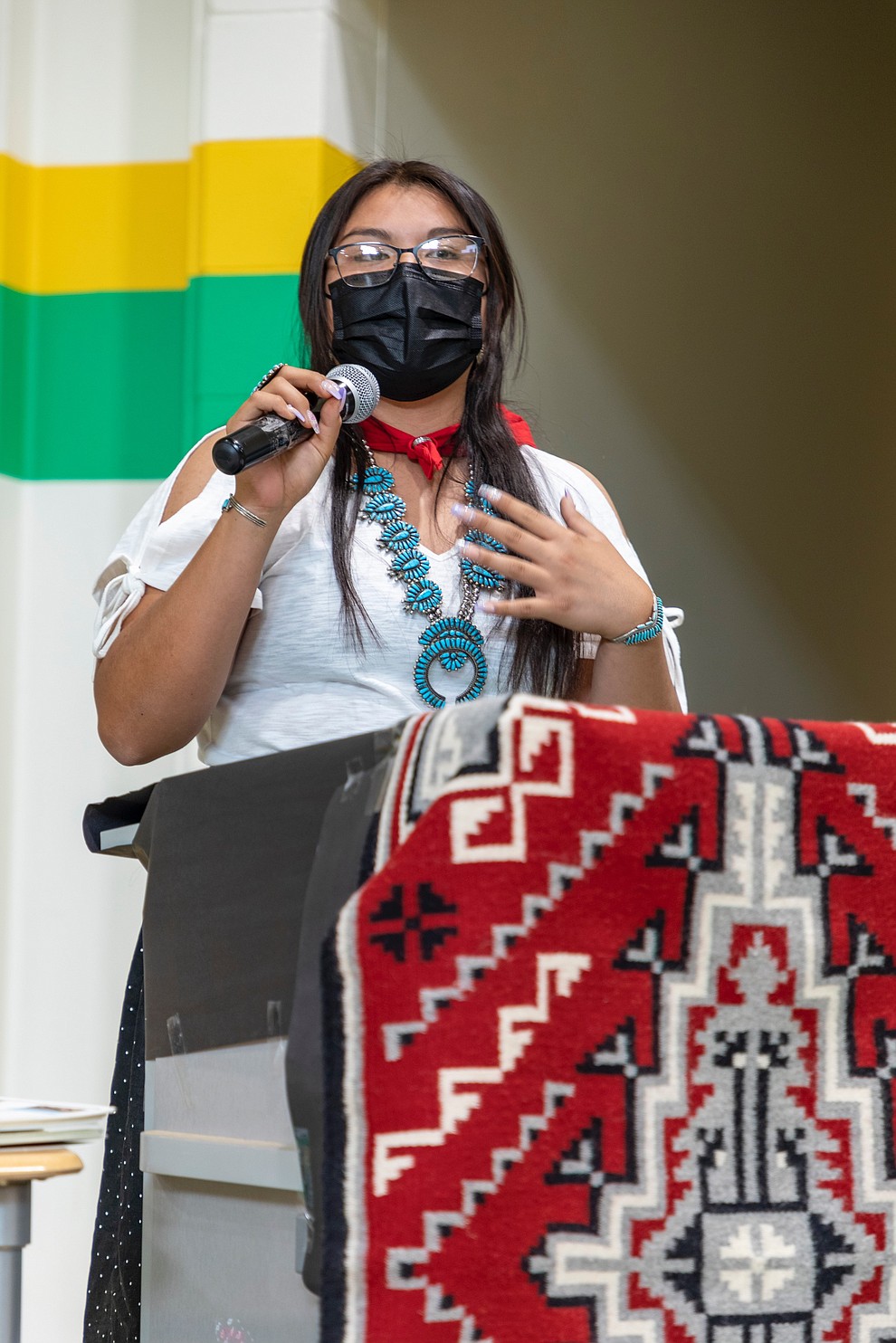 Mistress of Ceremonies Tuba City High School student Mikyla Johnson introduces herself. (Photo/Sara Honanie)