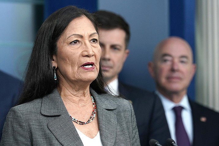 Interior Secretary Deb Haaland, left, speaks during a briefing at the White House in Washington, May 16. A pair of dams on the Pine Ridge Indian Reservation in South Dakota will get safety repairs with part of $29 million in funding from the federal infrastructure deal, the Department of the Interior announced Wednesday, May 18.(AP Photo/Susan Walsh, File)