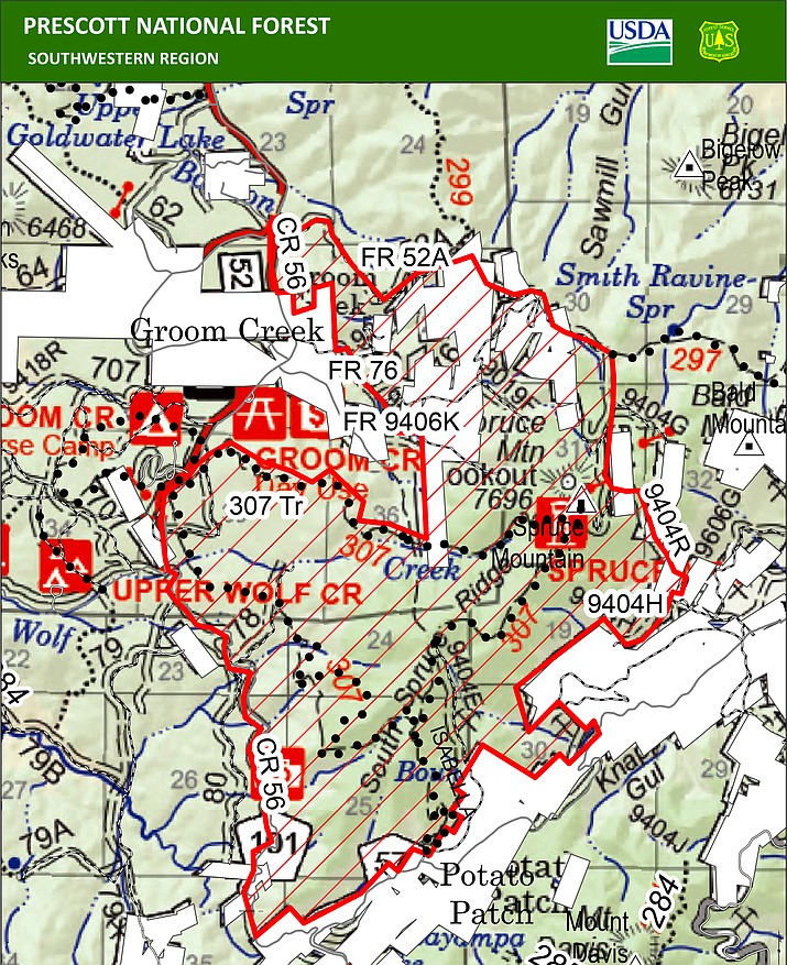 This map depicts the areas, shaded in red, that are still closed or restricted due to the Crooks Fire. (PNF/Courtesy)