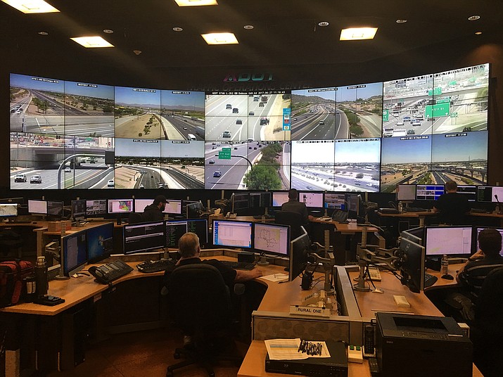 Traffic fatalities in Arizona last year rose to the highest level since 2016, but the state’s 6.5% increase from 2020 was still well below the 10.5% rise nationally during the same period. Here, the Arizona Department of Transportation Traffic Operation Center monitors traffic throughout the state in this 2017 file photo. (Tyler Fingert/Cronkite News)