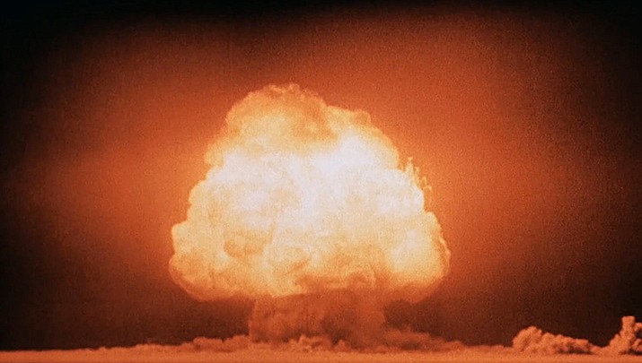 The Trinity test, one of dozens of nuclear bomb tests conducted in the Nevada desert, is shown in this 1945 U.S. Department of Energy photo. (Photo by U.S. Department of Energy, Public domain, https://bit.ly/3yOCQ7Y)