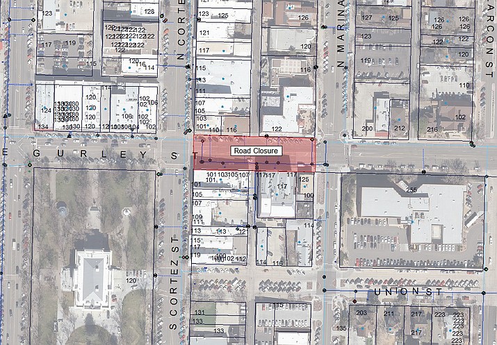East Gurley St. in Prescott will be closed between N. Marina Street and Cortez Street 6 a.m. May 24 to 4 p.m. May 26 as water line service for the Hassayampa Inn will be replaced. (City of Prescott/Courtesy)