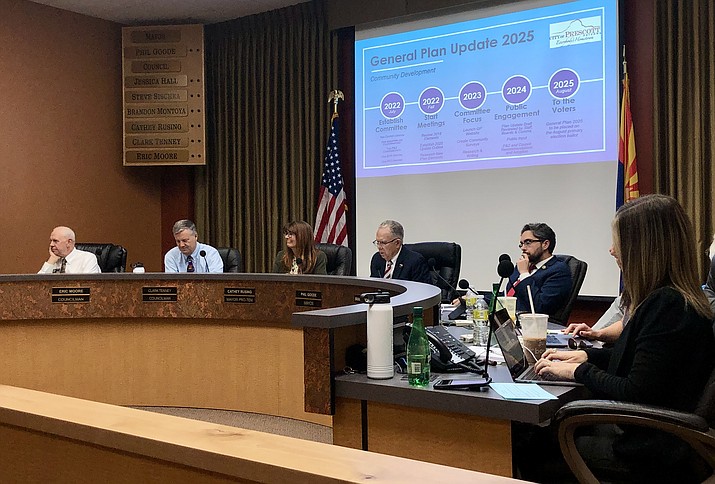 During a Tuesday, May 24, 2022 meeting, members of the Prescott City Council discuss the proposed timeline for the update of the city’s General Plan. (Cindy Barks/Courier)