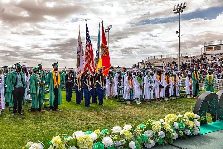 Tuba City High School celebrates 2022 graduates May 21 during an outside ceremony at Blue Canyon Memorial Stadium. (Gilbert Honanie/NHO)