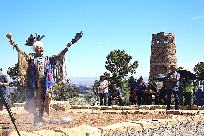 Grand Canyon celebrated the near completion of turning Desert View Watchtower into an Inter-tribal Cultural Heritage site May 17. Above: Havasupai Tribal member James Uqualla opens the event with a traditional blessing and prayer. (Joe Giddens/NHO)
