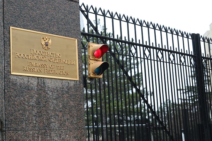 The Russian Embassy in Washington, D.C., on Feb. 24, the day Russia invaded Ukraine. Three months later, the war is dragging on and Russia has expanded its sanction on hundreds of Americans to include Arizona lawmakers – most of whom greeted the news with a smile or a shrug. (Emily Sacia/Cronkite News)