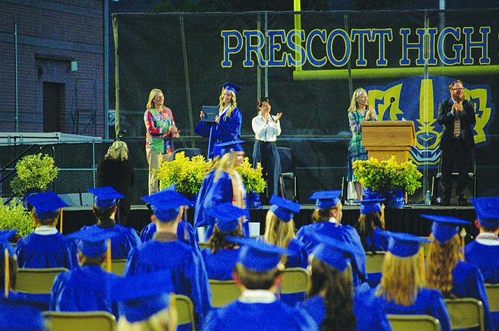 On Friday night, May 27, 333 seniors from Prescott High School’s Class of 2022 graduated under the lights at Bill Shepard Field in front of an overflow crowd of hundreds of parents, guardians, friends and other family members. Enjoying a comfortable spring evening with a slight breeze blowing across the field early on, this class represented the 119th Commencement for the Quad Cities’ oldest high school at 1050 Ruth St. (Doug Cook/Courier)