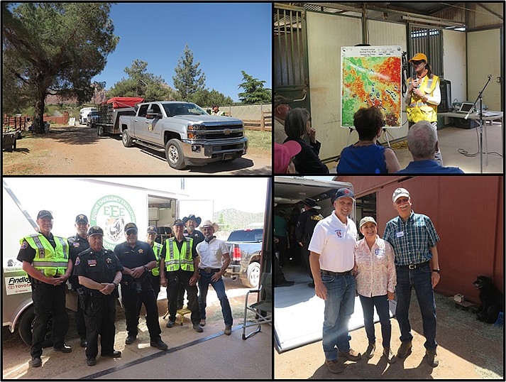 Collage clockwise, top left to bottom right, EEE Evacuation Rigs arrive at Horse Mesa Ranch; EEE CEO Carol Fontana reviews Equine Fire Risk areas; partial contingent of AZ Rangers; and Sedona Fire Chief Jon Trautwein with Horse Mesa Ranch owners Mary Morris and Scott Kummerfeldt . (All photos courtesy of Mary Pope)