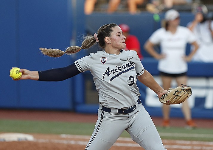 Arizona's Devyn Netz (34) pitches in the sixth inning of an NCAA softball Women's College World Series game against Texas on Sunday, June 5, 2022, in Oklahoma City. (Alonzo Adams/AP)