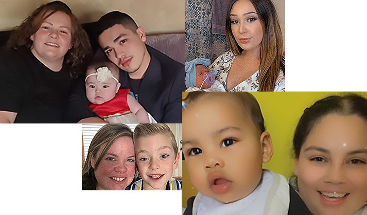 Arizona families hunting for formula include (clockwise from upper left) Candice Tanner with son Mark Lopez and granddaughter Gabriela Lopez, 9 months (photo courtesy Candice Tanner); Kalia Johnston with 3-month-old daughter Amber (photo courtesy Kalia Johnston); and Judie Boss with her son, Cole, 10 (photo courtesy Judie Boss).
