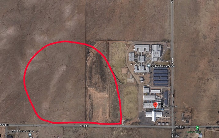 The red circle on this map of Del Rio Elementary School shows where the Chino Valley Unified School District is thinking of building a “tiny home” style affordable housing for teachers. (Google Map satellite image)