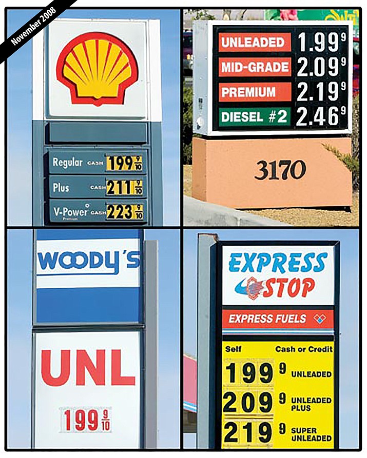 When will gas prices drop? In November 2008, prices at the pump dropped below $2 per gallon for regular unleaded in the Prescott/Quad Cities, after topping out at $4.11 in July of that year. That $4.11 per gallon then would be equal to about $5.40 per gallon today. (Courier file images)