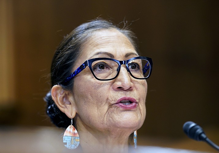 Interior Secretary Deb Haaland speaks during a Senate Energy and Natural Resources Committee hearing May 19,  on Capitol Hill in Washington D.C. On June 10, Haaland rolled out guidelines for a new youth service program meant to create job opportunities for Native Americans while boosting their cultural connections to nature through conservation projects on tribal and public land. (AP Photo/Mariam Zuhaib, File)