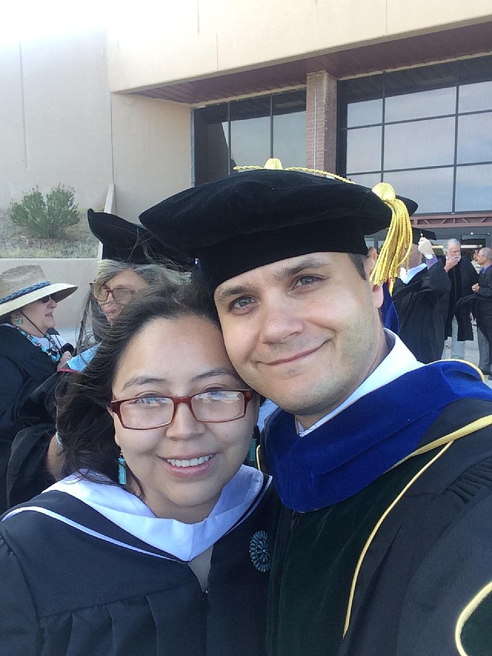 Oleksandr Makeyev and his wife, Rhiannon Sorrell, at the May 2018 graduation at Diné College. The two are faculty members at the college and he is from Ukraine and she is from Fort Defiance, Arizona. (Photo courtesy Oleksandr Makeyev)