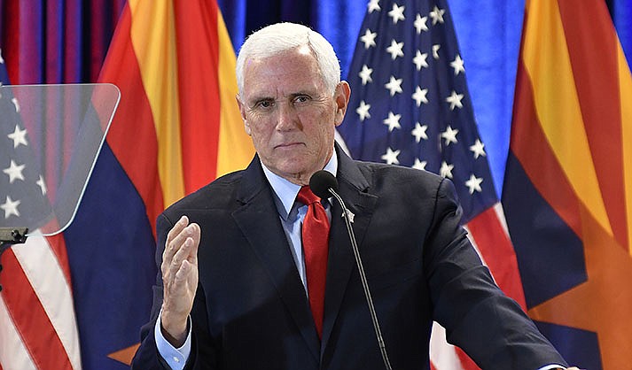 Former Vice President Mike Pence lays out his border policies in a political speech Monday in Phoenix. (Capitol Media Services photo by Howard Fischer)