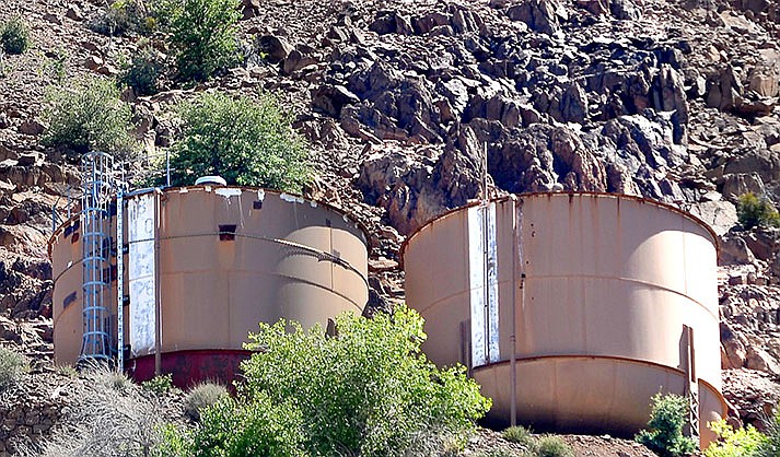 The right water tank on Cleopatra Hill in Jerome needs fixing, and the town wants to find out if it is repairable. (VVN/Vyto Starinskas)