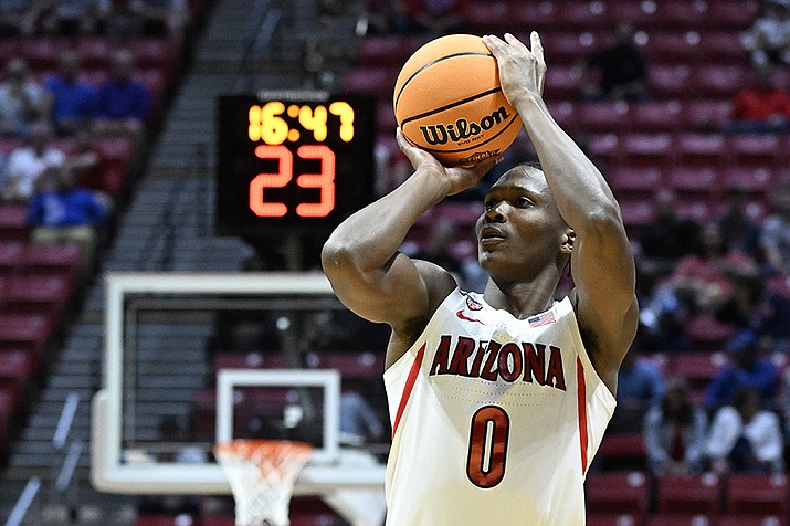 Arizona guard Bennedict Mathurin (0) shoots against Wright State during the first half of a first-round NCAA college basketball tournament game on March 18, 2022, in San Diego. Mathurin is a lottery prospect and one of the top wings in this year's NBA draft. (Denis Poroy, AP File)