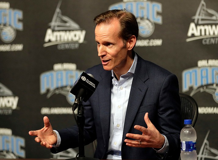 Jeff Weltman, Orlando Magic team president of basketball operations, answers questions at a news conference, Thursday, April 12, 2018, in Orlando, Fla. Jeff Weltman and the Orlando Magic have the No. 1 pick in Thursday's, June 23, 2022, NBA draft. (John Raoux/AP, File)