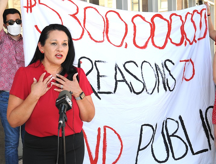 Marisol Garcia, vice president of the Arizona Education Association, chides Republican Lawmakers for not offering a spending plan that puts more money into public schools, given the state’s $5.3 billion surplus. (Howard Fischer/Courtesy)