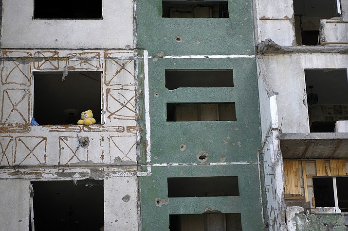A teddy bear is seen on a building destroyed by attacks in Chernihiv, Ukraine, Sunday, June 19, 2022. (Natacha Pisarenko/AP)