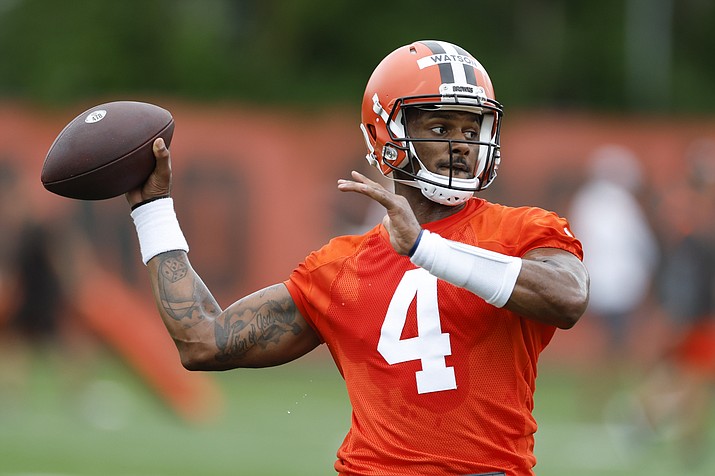 Cleveland Browns quarterback Deshaun Watson takes part in drills at the NFL football team's practice facility Tuesday, June 14, 2022, in Berea, Ohio. (Ron Schwane/AP)