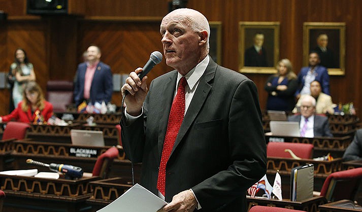 Arizona House Speaker Rusty Bowers, R-Mesa, speaks on the floor of the House of Representatives at the Arizona Capitol on April 18, 2019, in Phoenix. Calls from top advisers to former President Donald Trump to help overturn Trump’s 2020 election loss were an unsupported, unwise and “juvenile” effort that attacked a bedrock principal of American democracy, Arizona’s House speaker said Monday, June 20, 2022. (AP Photo/Ross D. Franklin, File)