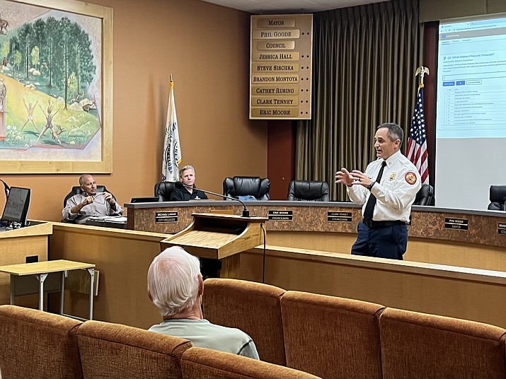 Prescott Fire Chief Holger Durre kicks off a planning session with community members on Monday, May 20, 2022. The meeting was intended as an open discussion with the public to determine the needs and future growth of the Prescott Fire Department. (Cindy Barks/Courier)