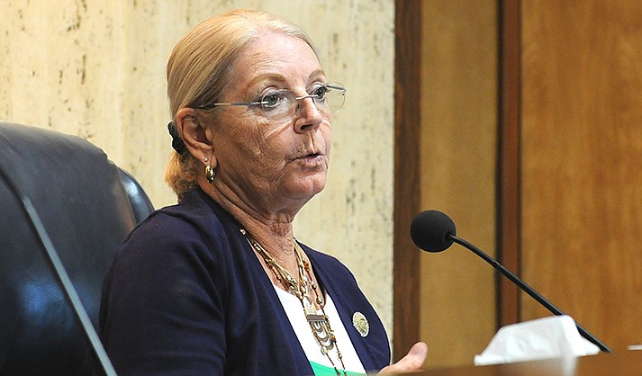 Senate President Karen Fann discusses the proposed budget for the fiscal year that begins July 1 on Tuesday along with the problems of trying to cobble together the necessary votes. (Capitol Media Services photo by Howard Fischer)