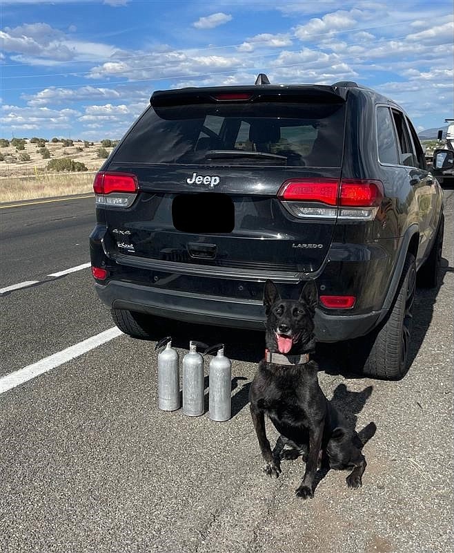 A Yavapai County Sheriff’s Office (YCSO) K-9 unit, which included Maximus who is pictured in this photo, found 56,000 fentanyl pills hidden inside a vehicle during an otherwise routine traffic stop on eastbound Interstate 40 Wednesday night, June 22, 2022. (YCSO/Courtesy)