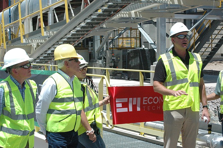 From left, Congressman Paul Gosar and Yavapai County Supervisor Harry Oberg join an Eco Material Technology employee and the company’s CEO, Grant Quasha, for the Kirkland Pozzolan Mine’s grand opening on Tuesday, June 21, 2022, near Skull Valley. (Doug Cook/Courier)